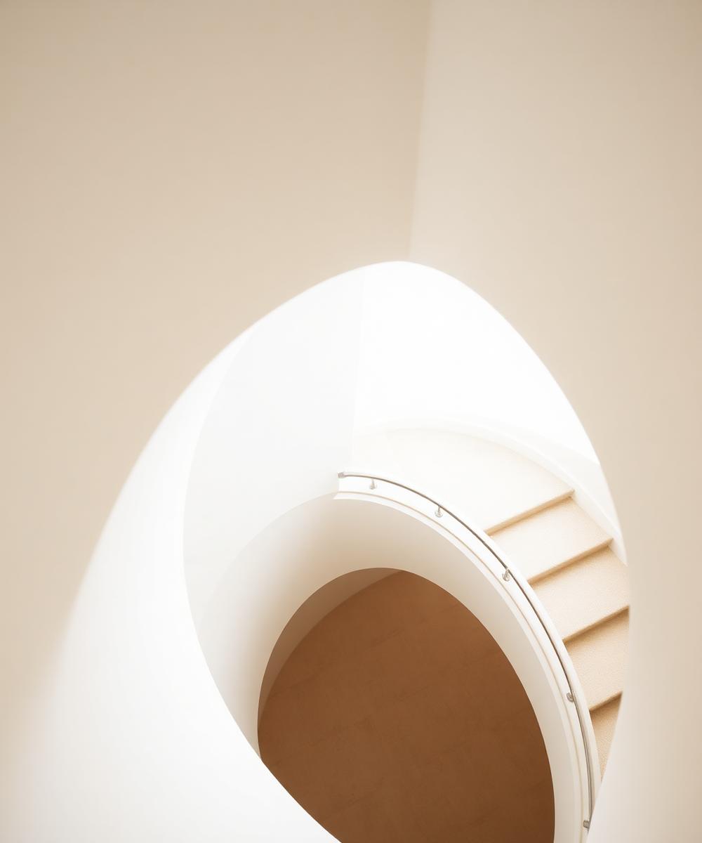 Curved white staircase seen from above